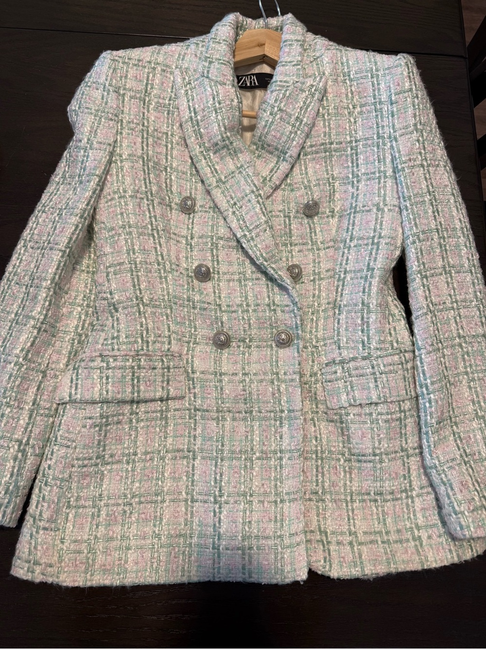 Zara Pastel Tweed Double-Breasted Blazer Jacket - Pink & Mint